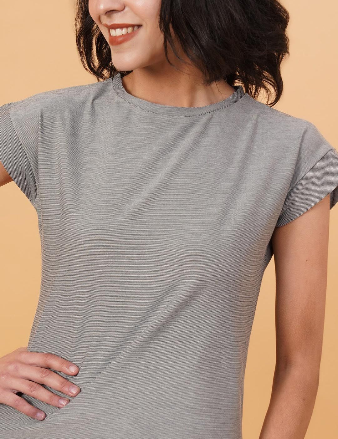 Kotty Grey Round Neck Cap Sleeves Regular T-shirt