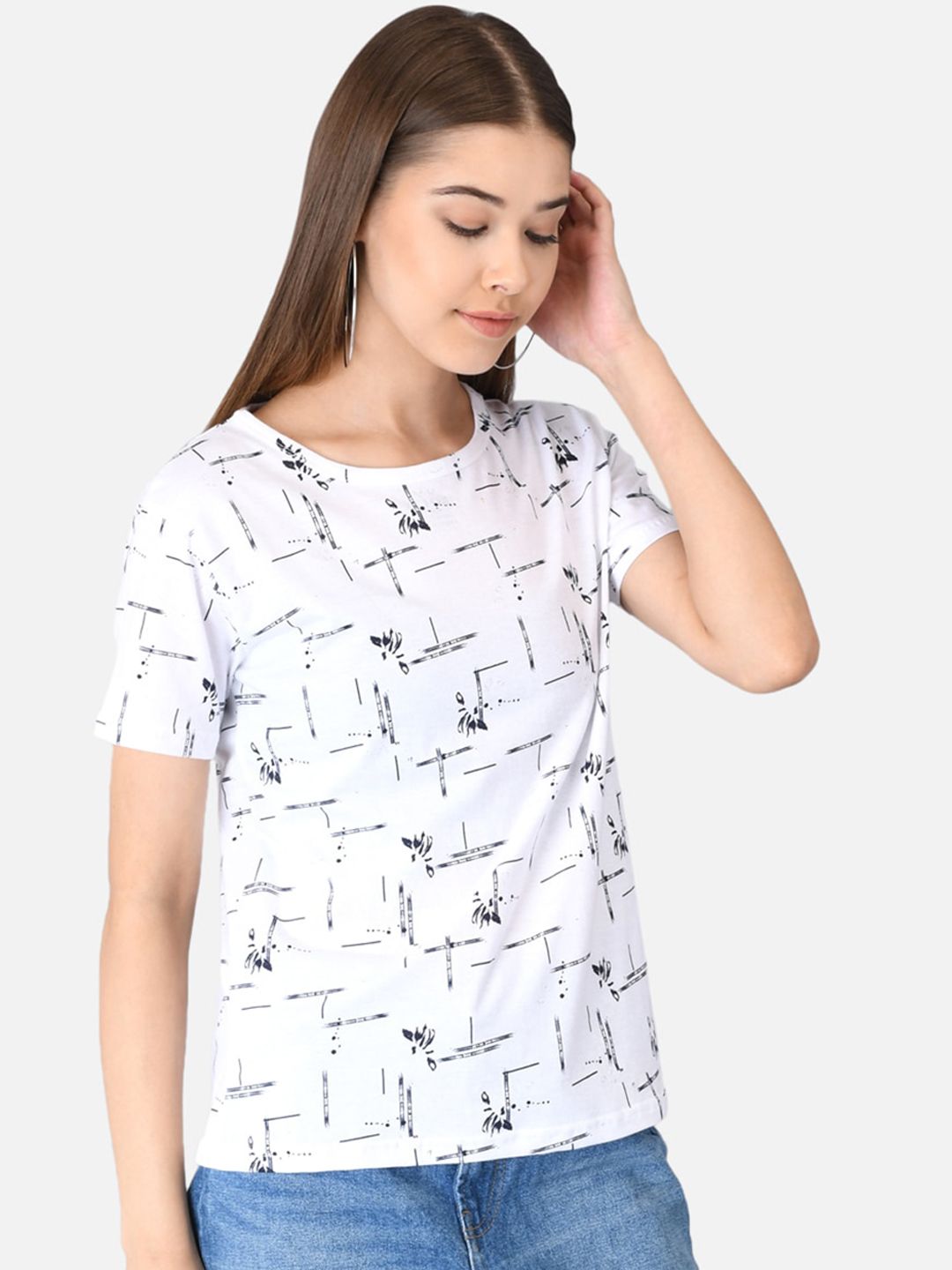 Kotty Women White Printed Round Neck T-shirt