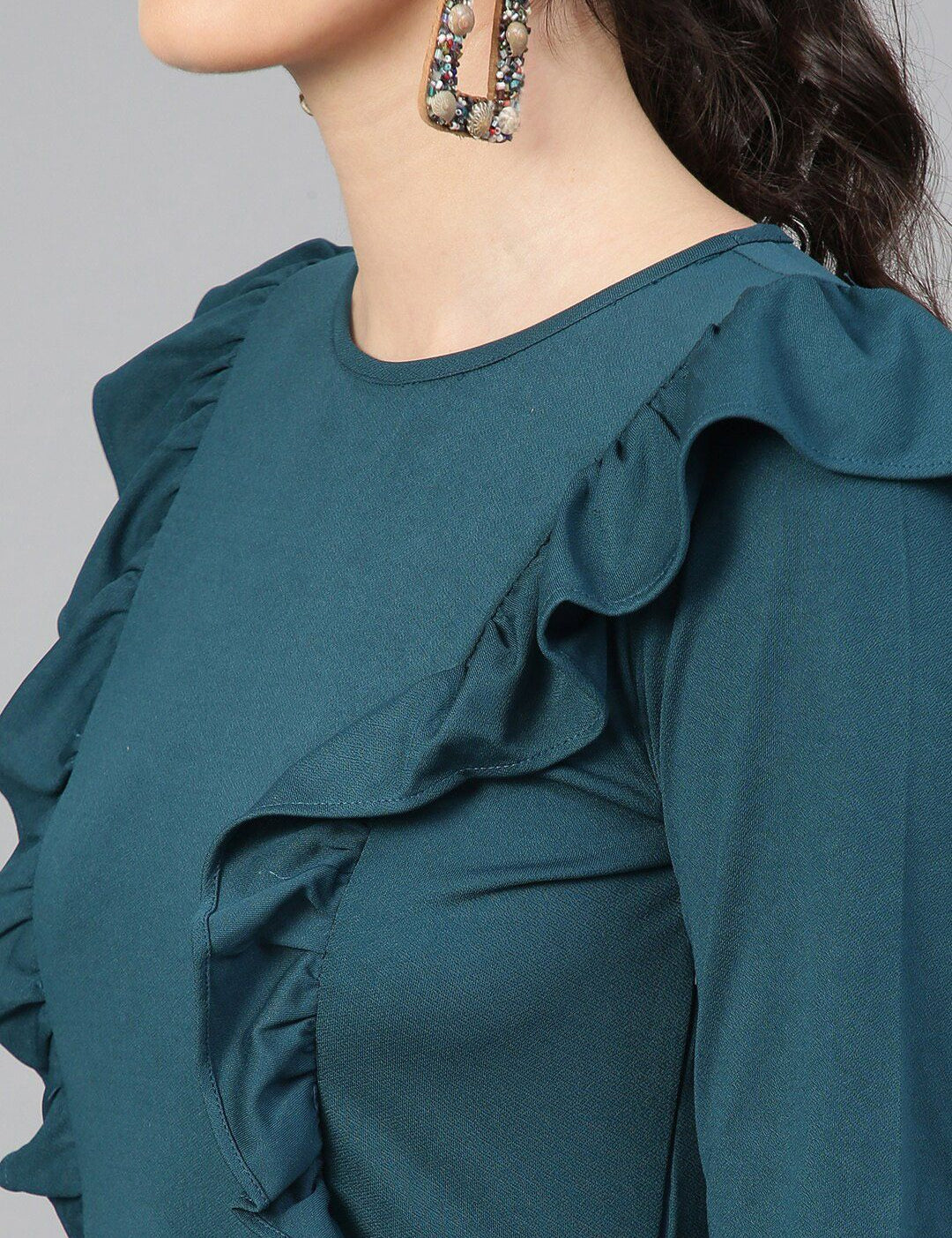 Kotty Green Ruffled Fit & Flare Knee Length Dress