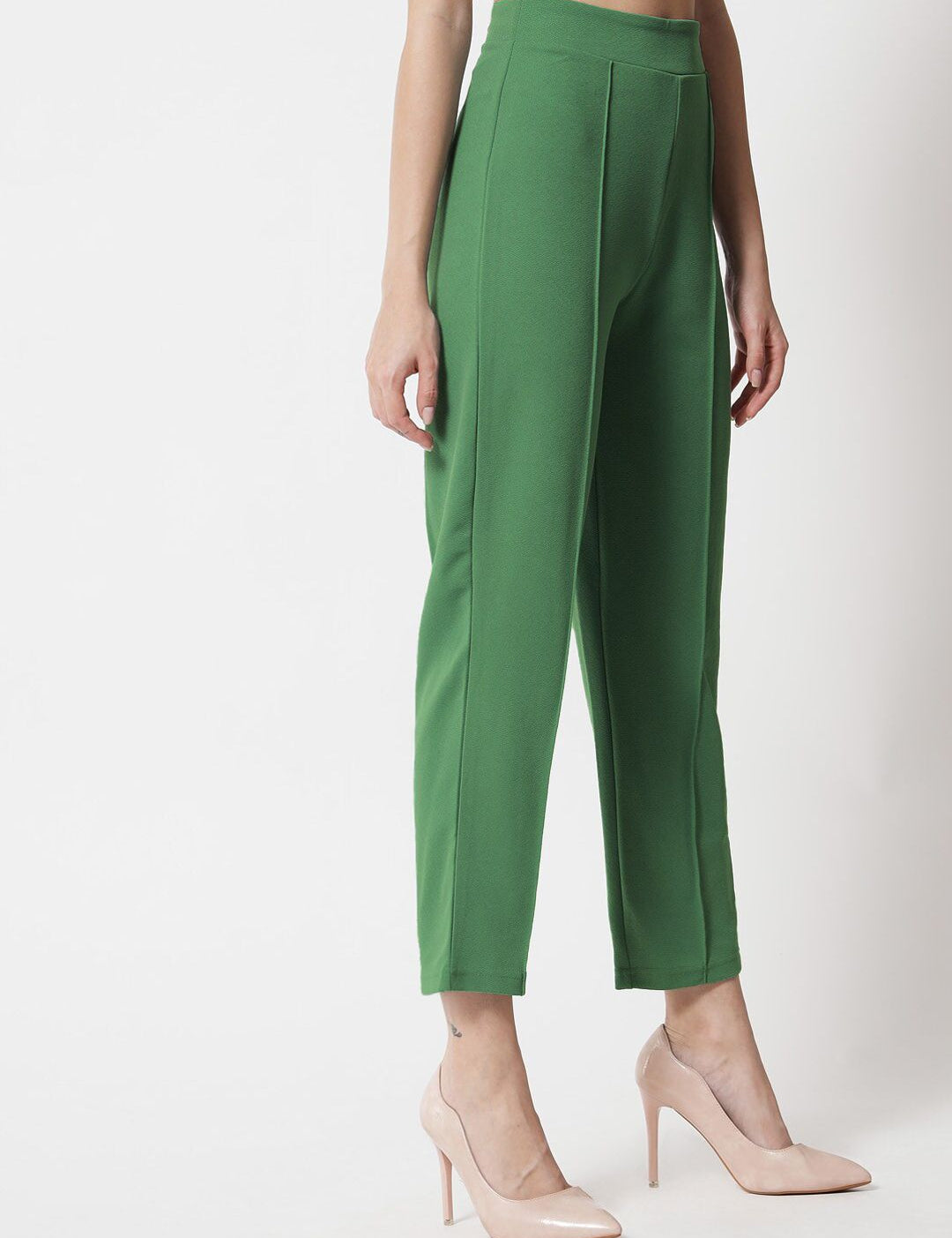 Kotty Women Green Comfort Straight Fit High-Rise Easy Wash Pleated Trousers