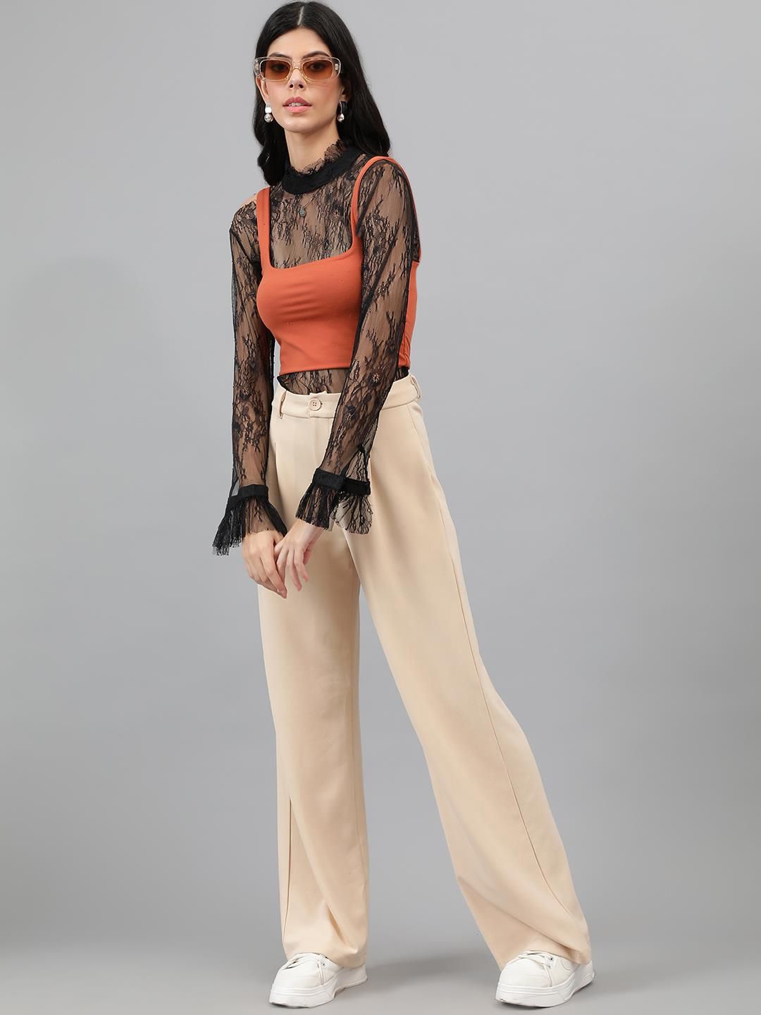 Kotty Women Beige Relaxed Straight Leg High-Rise Easy Wash Pleated Parallel Trousers