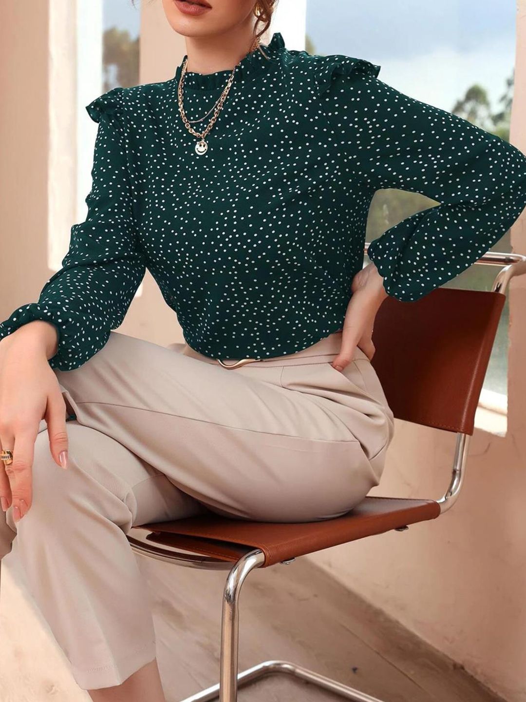 Kotty Polka Dot Print Puff Sleeve Ruffles Crepe Top