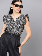 Kotty Floral Printed Flutter Sleeve Top