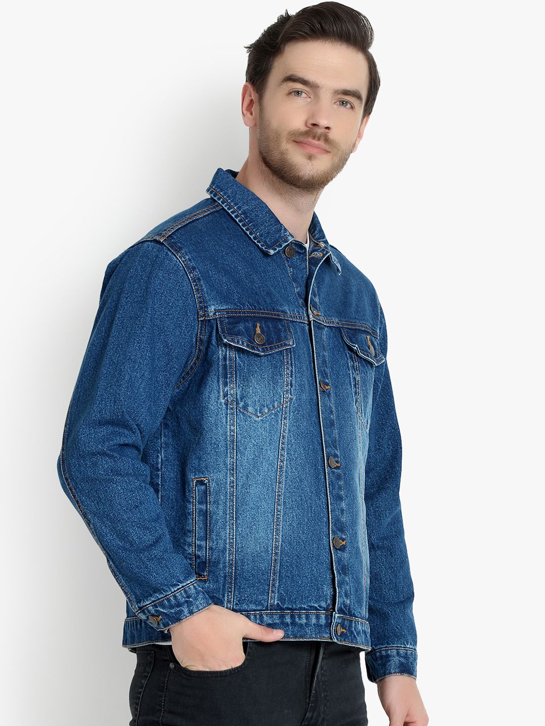 Kotty Men Blue Solid Denim Jacket