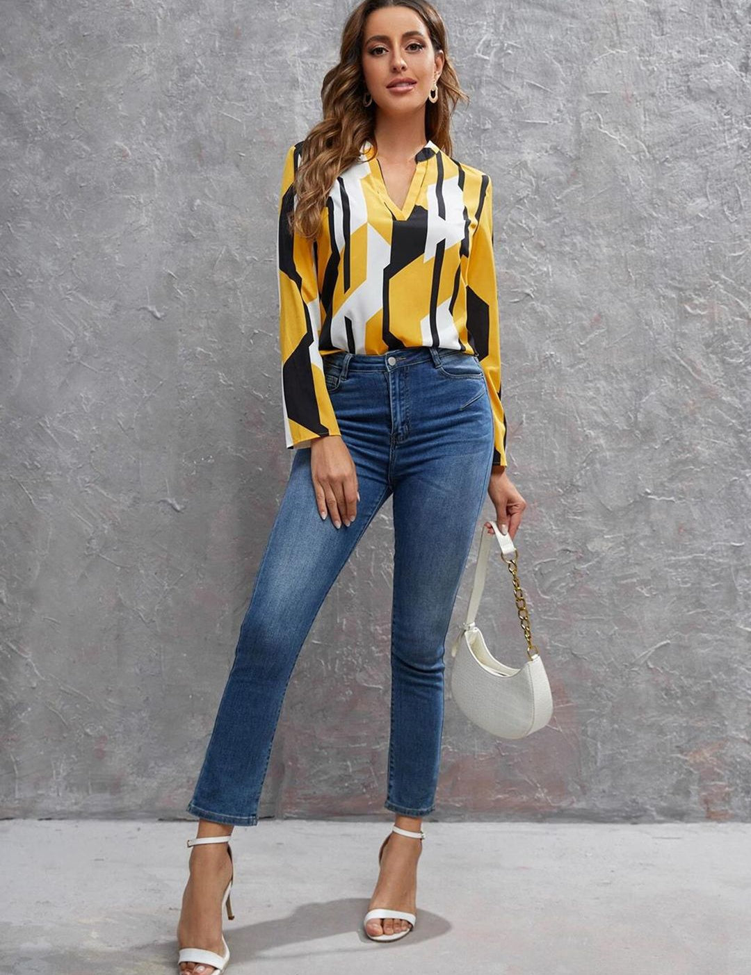 Kotty Print Mandarin Collar Crepe Shirt Style Top