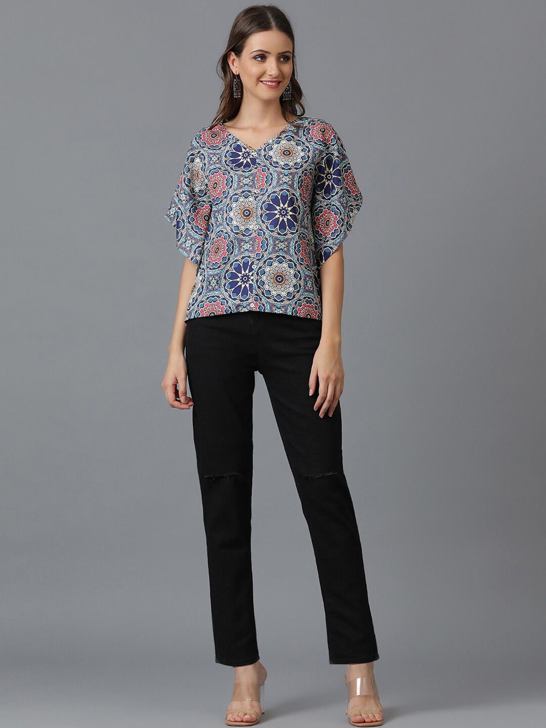 Kotty Blue Floral Printed V-Neck Flared Sleeves Top