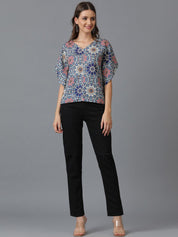 Kotty Blue Floral Printed V-Neck Flared Sleeves Top