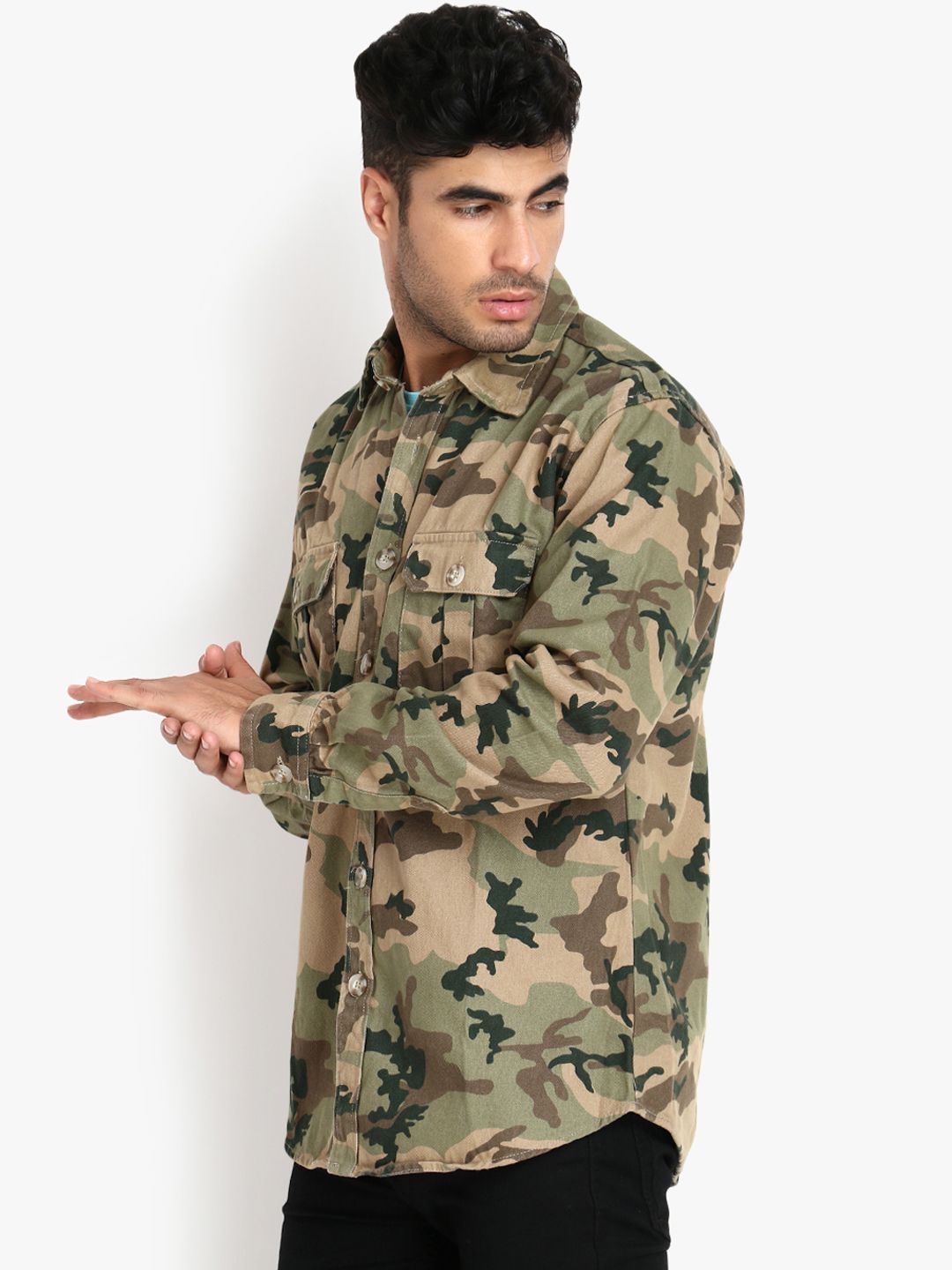 Kotty Men Green & Beige Camouflage Tailored Jacket