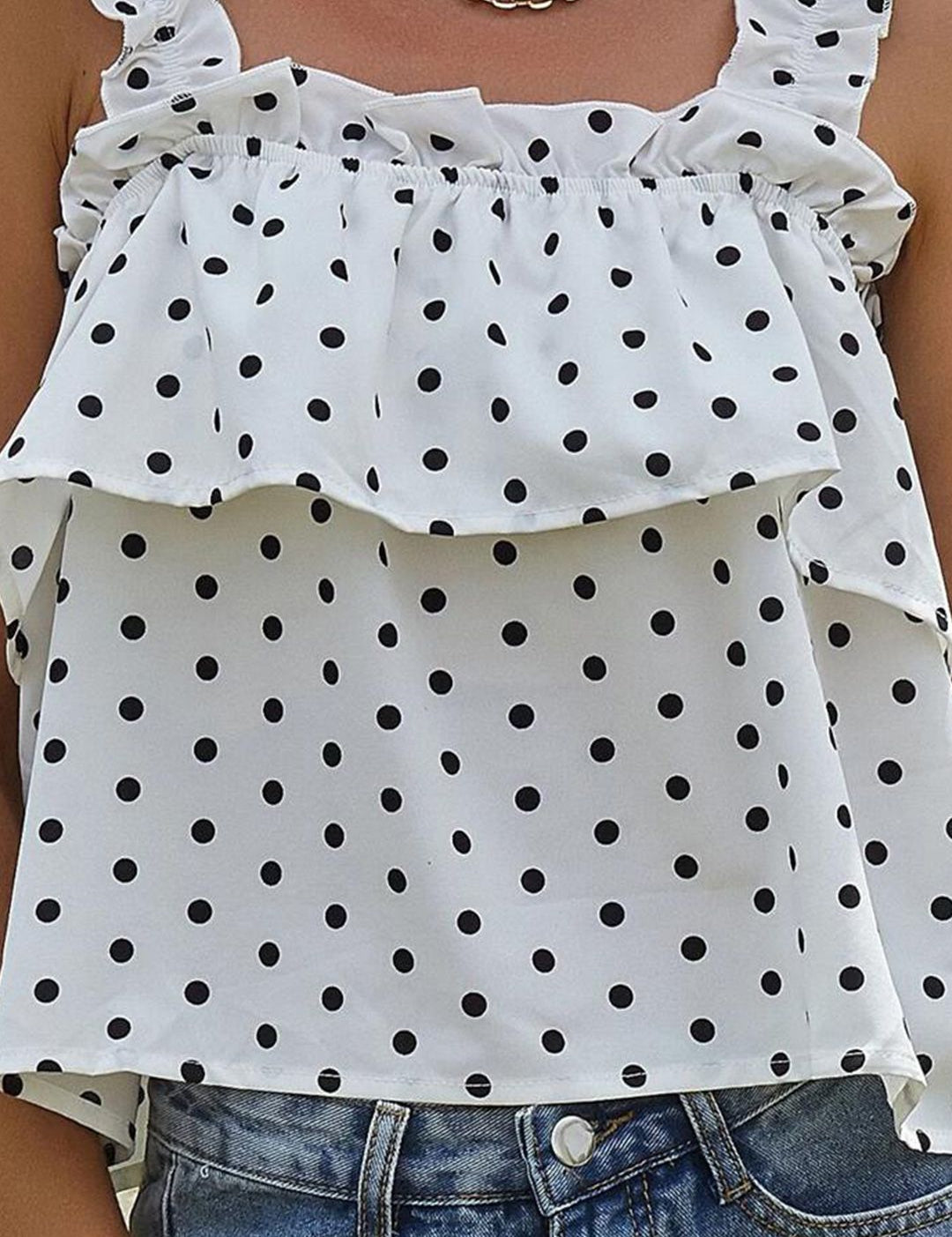 Kotty White & Black Polka Dot Printed Shoulder Strap Ruffled A-Line Crop Top