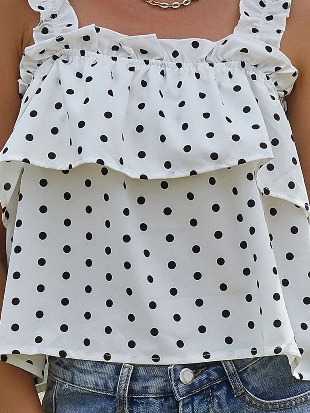 Kotty White & Black Polka Dot Printed Shoulder Strap Ruffled A-Line Crop Top