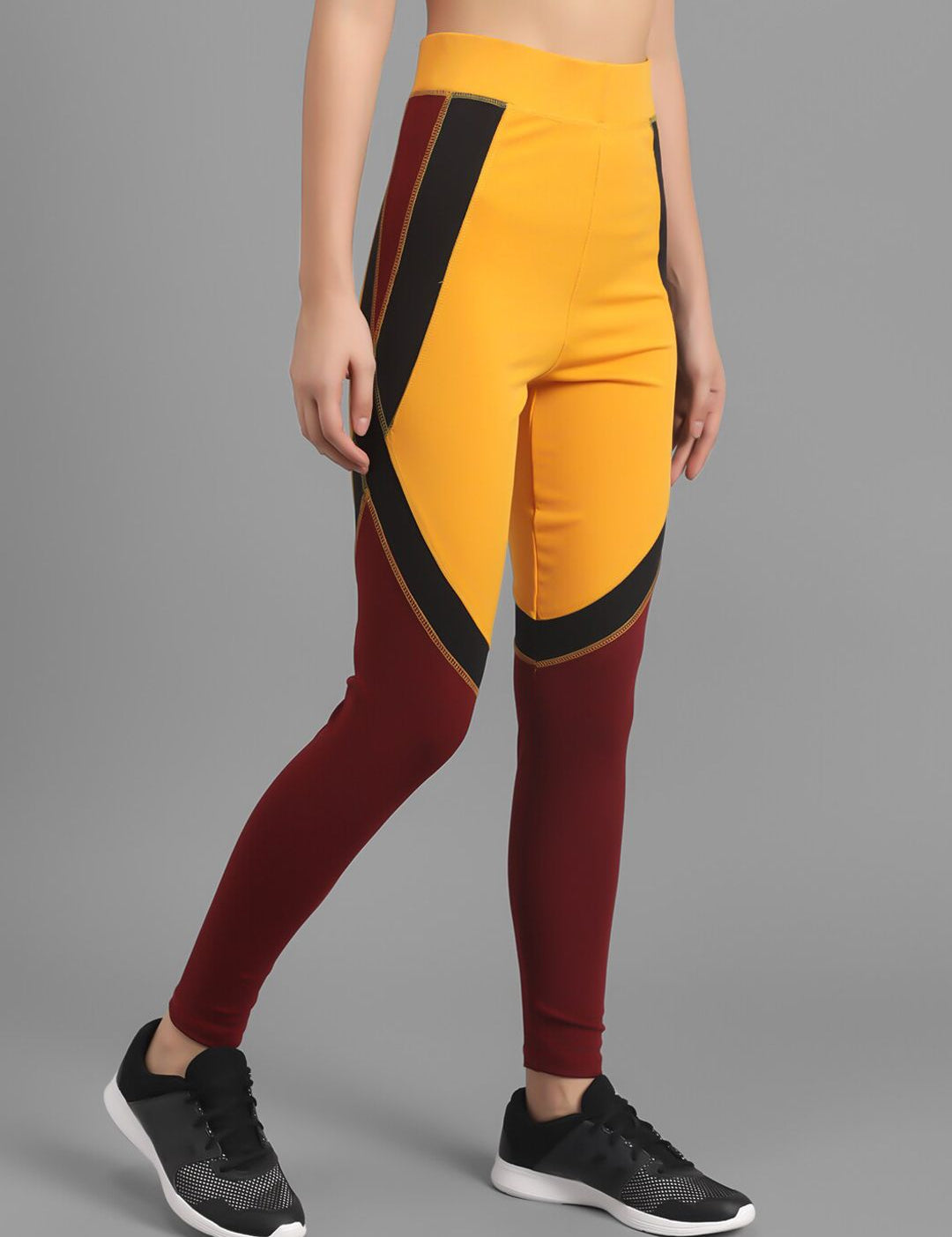 Kotty Women Yellow & Maroon Colourblocked Ankle-Length Tights