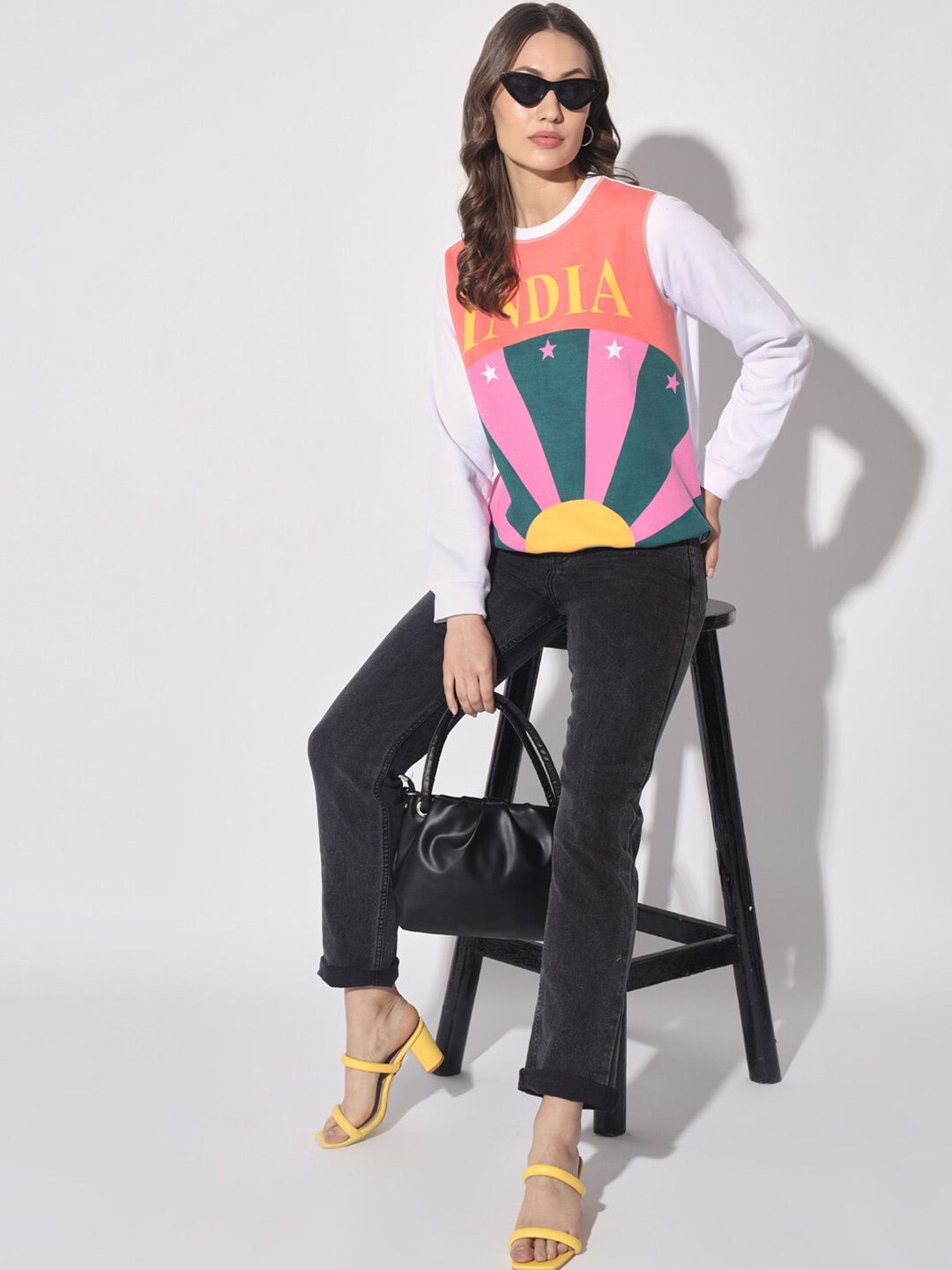 Kotty White & Orange Colourblocked Fleece Pullover Sweatshirt