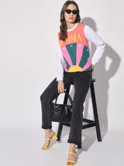 Kotty White & Orange Colourblocked Fleece Pullover Sweatshirt