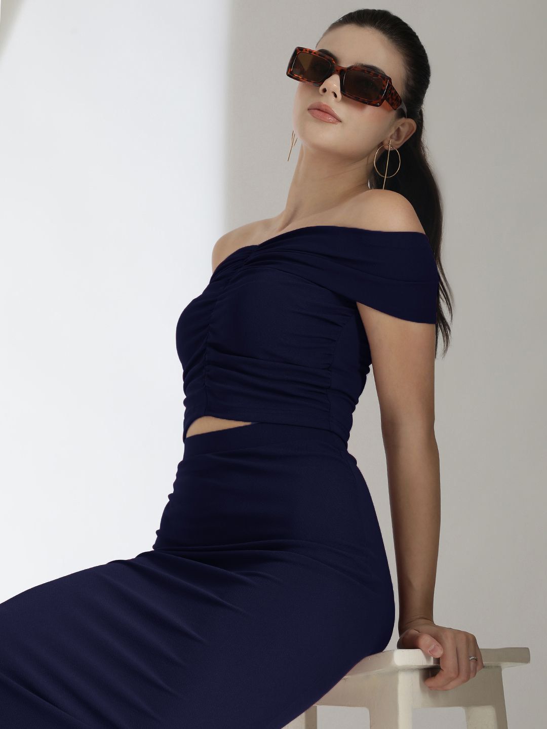 Kotty Navy Blue Off Shoulder Top With Skirt 