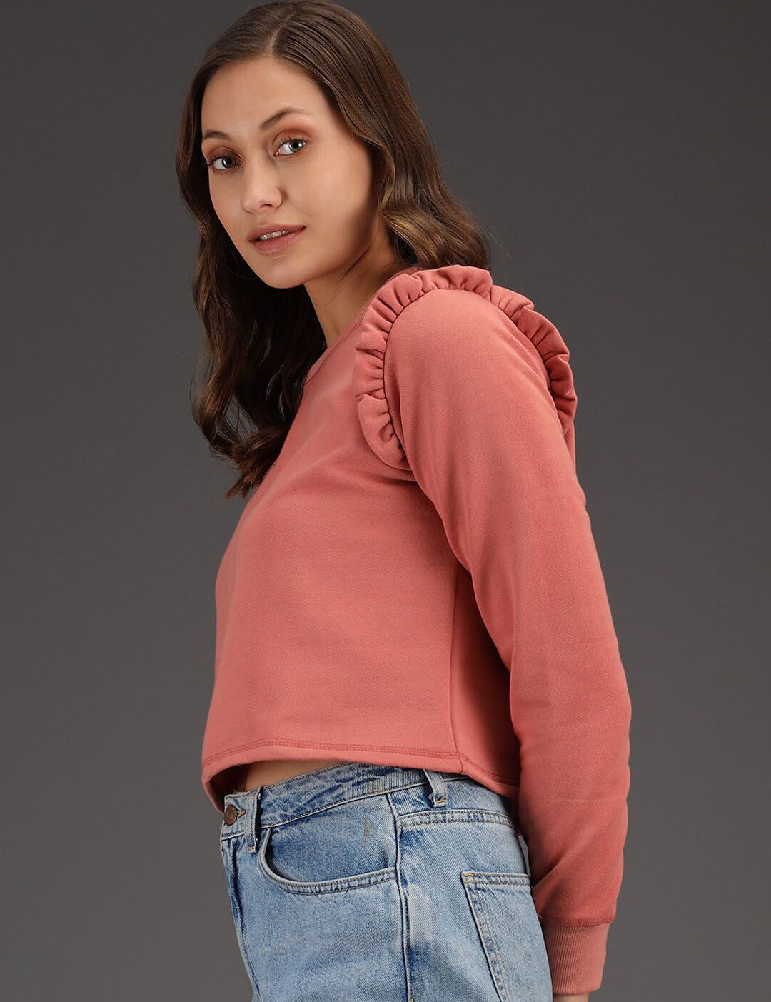Kotty Women Pink Solid Crop Sweatshirt