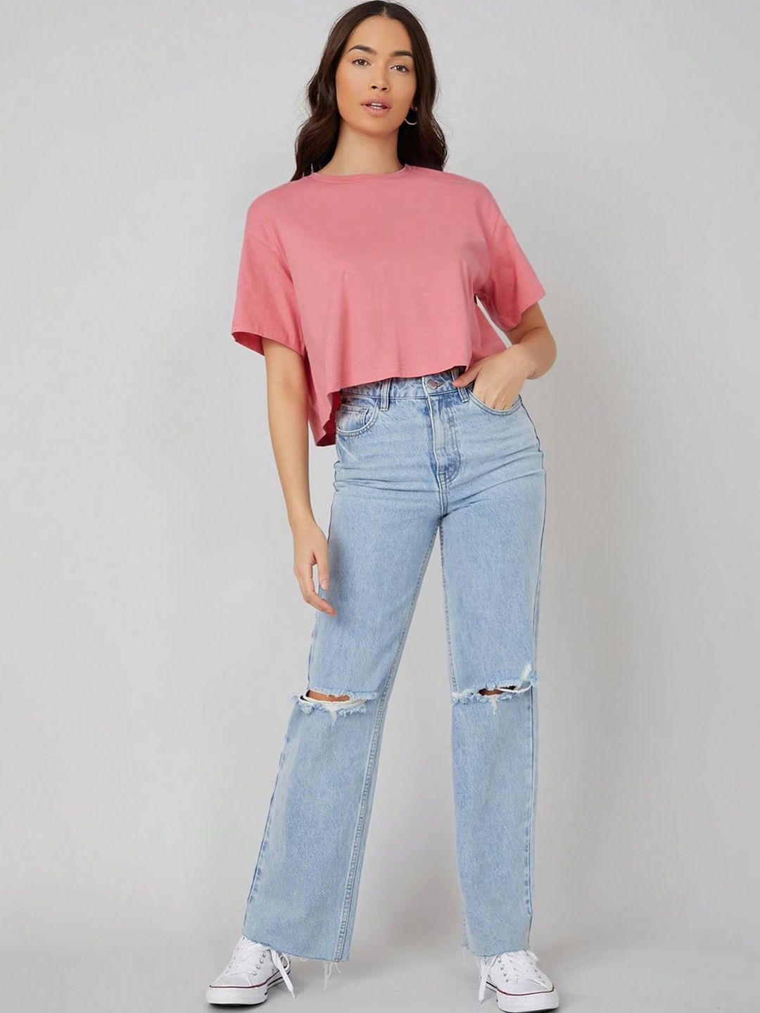 KOTTY Basics Pink Round Neck Drop-Shoulder Sleeves Crop Oversized T-shirt