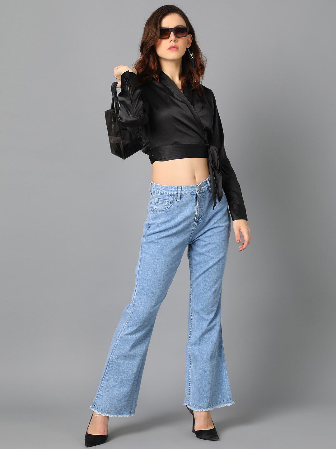 Kotty Black Cuffed Sleeves Satin Wrap Crop Top