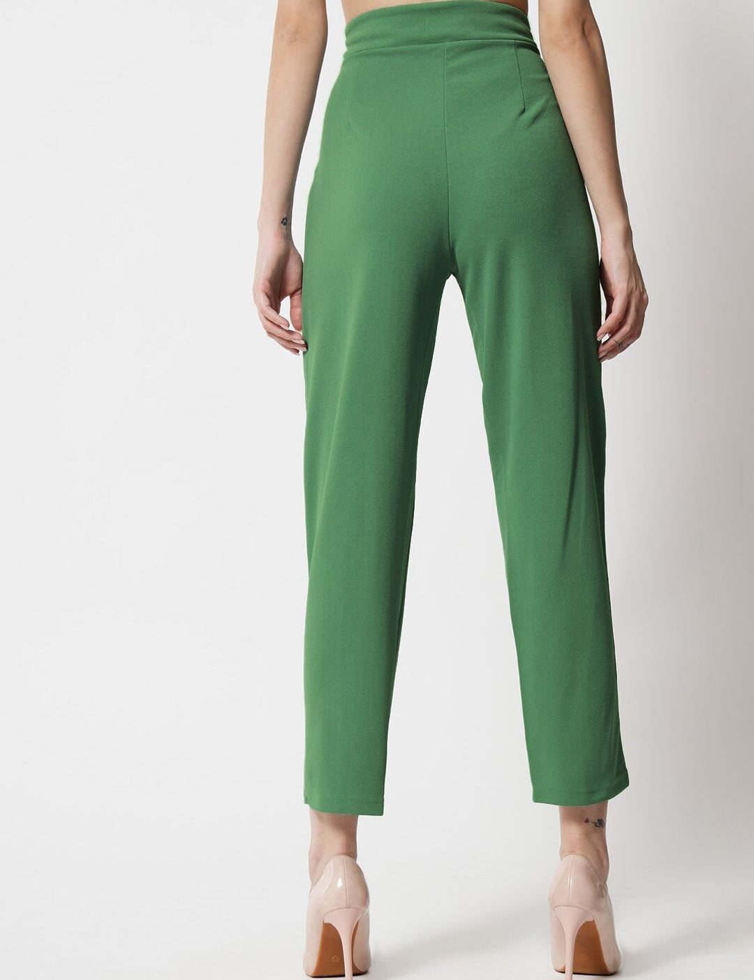 Kotty Women Green Comfort Straight Fit High-Rise Easy Wash Pleated Trousers