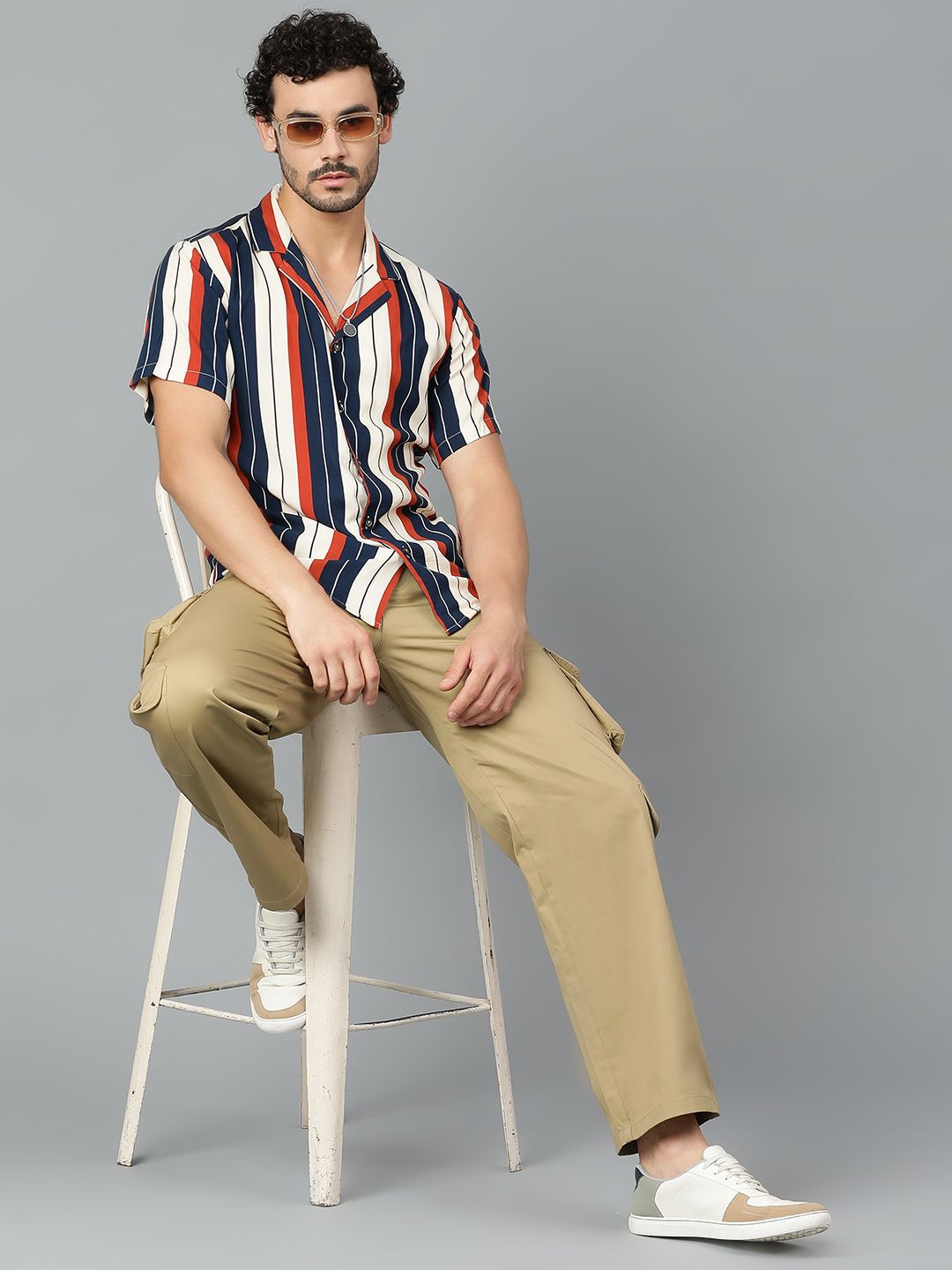 Kotty Men Cuban Collar Striped Casual Shirt