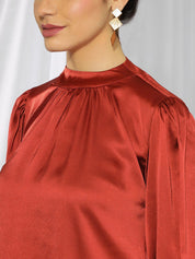 KOTTY BIZwear Rust-Coloured High Neck Bishop Sleeves Gathered Detail Satin Top