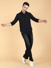 Kotty Men Relaxed Fit Spread Collar Textured Cotton Casual Shirt