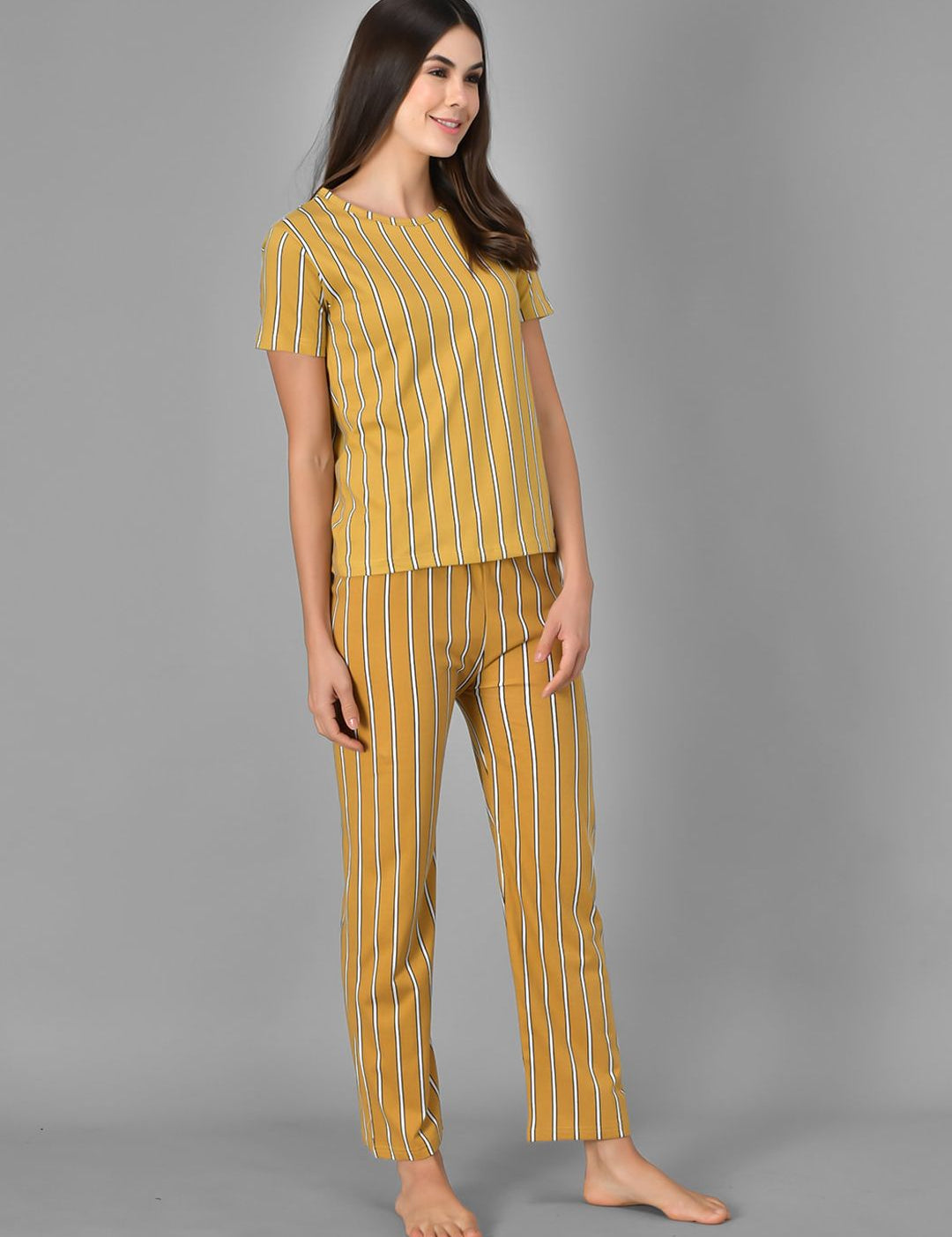 Kotty Women Yellow & White Striped Night Suit