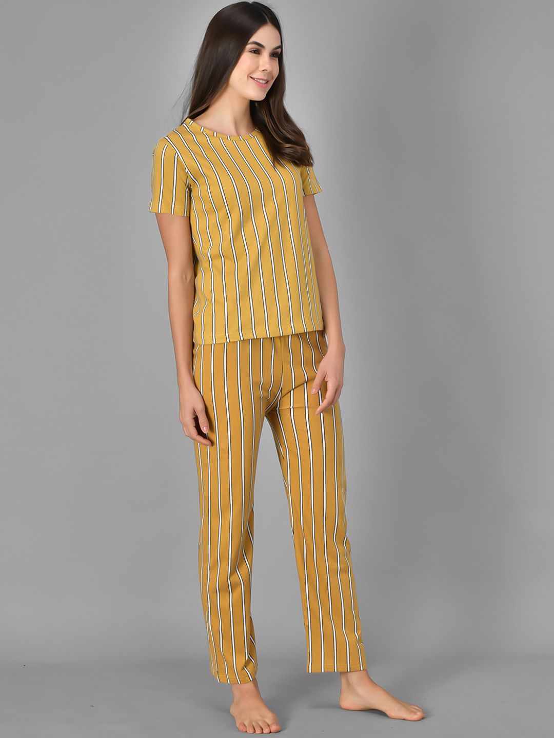 Kotty Women Yellow & White Striped Night Suit