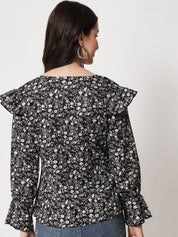 Kotty Floral Printed V-Neck Crepe Top