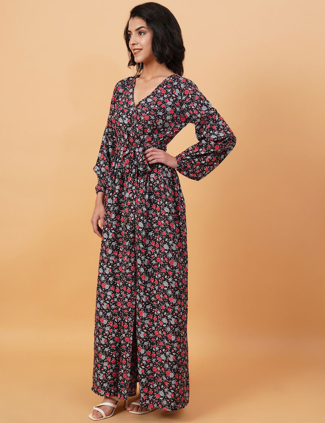 Kotty Floral Printed V-Neck Long Sleeves Maxi Dress