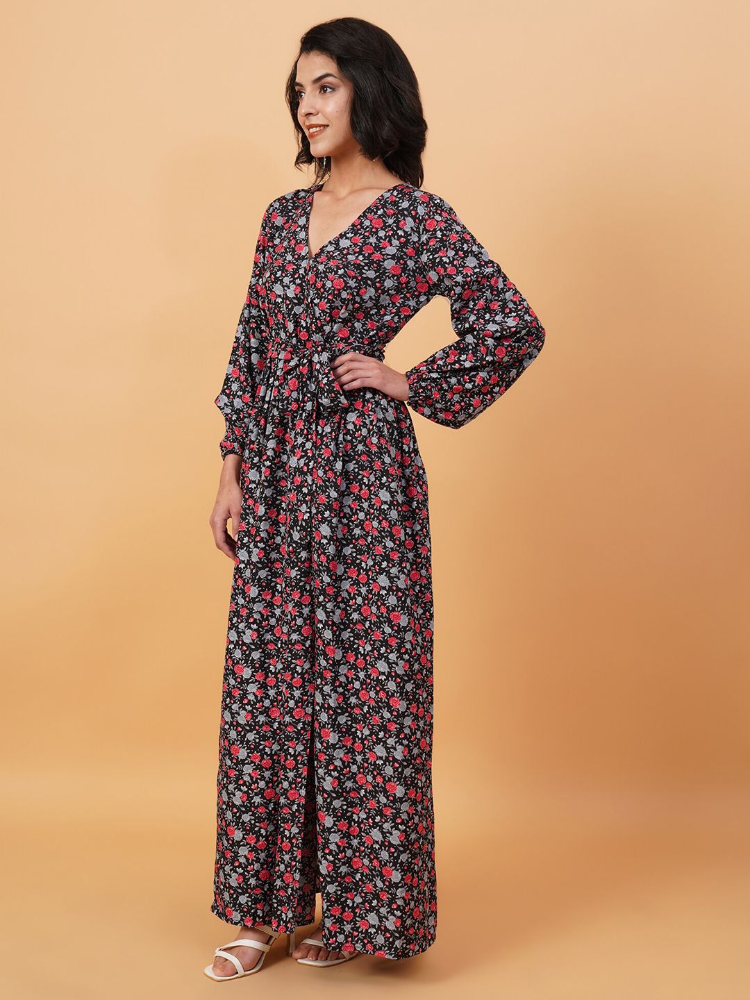 Kotty Floral Printed V-Neck Long Sleeves Maxi Dress