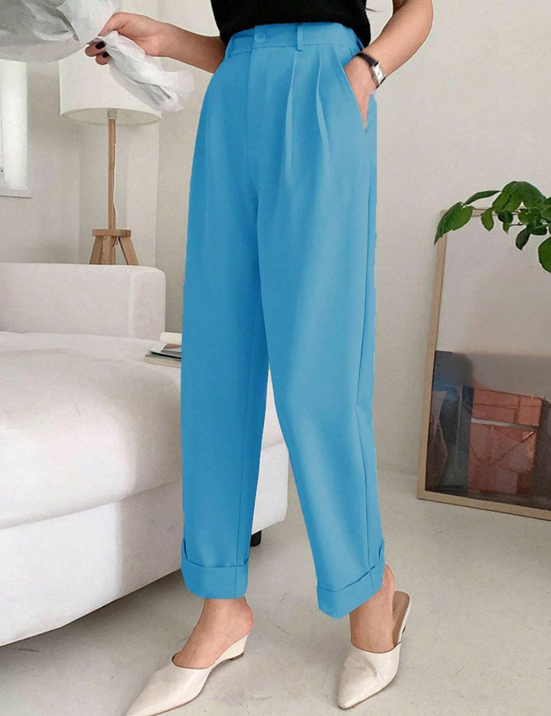 KOTTY BIZwear Women Relaxed Straight Leg Straight Fit High-Rise Cotton Pleated Trousers