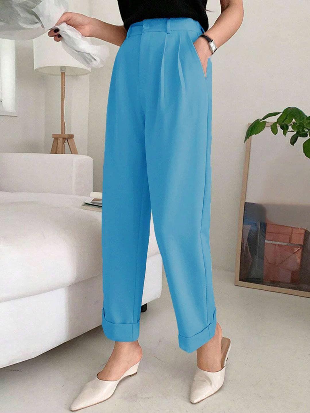 KOTTY BIZwear Women Relaxed Straight Leg Straight Fit High-Rise Cotton Pleated Trousers