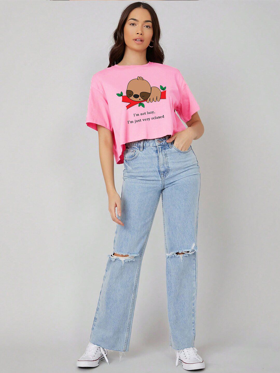 Kotty Graphic Printed Drop Shoulder Sleeves Oversized Crop T-shirt