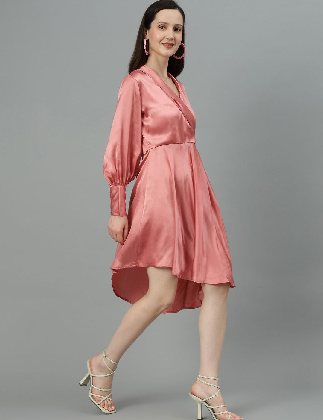 Kotty Cuffed Sleeves Pleated Satin Wrap Dress