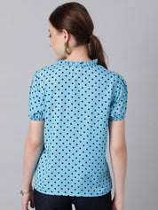 Kotty Blue Polka Dot Print Mandarin Collar Puff Sleeve Crepe Top