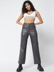 Kotty Women Grey Faux Leather Relaxed Straight Fit Trousers
