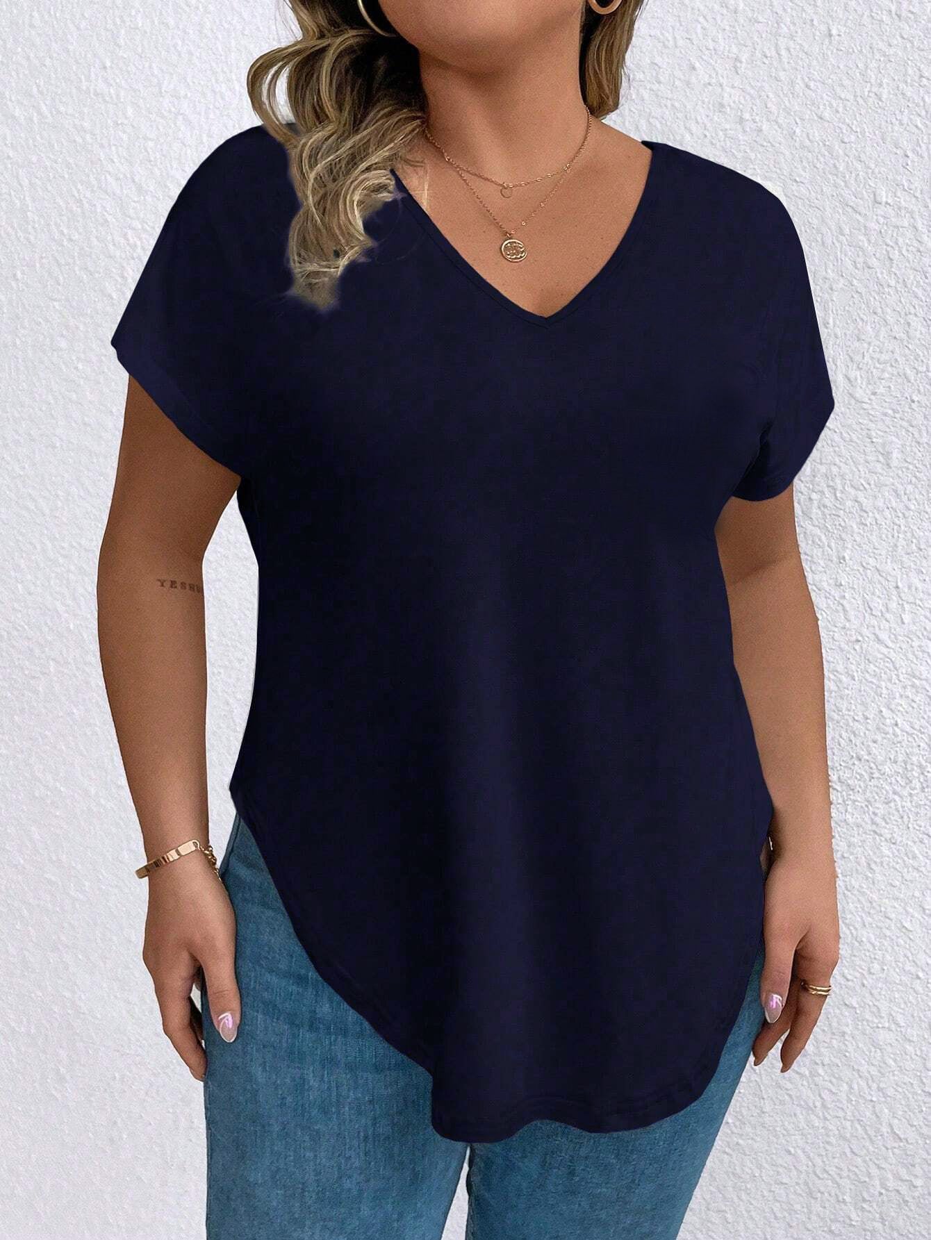 Plus Size Stylish Navy Blue Loose-Fit Women’s Tops