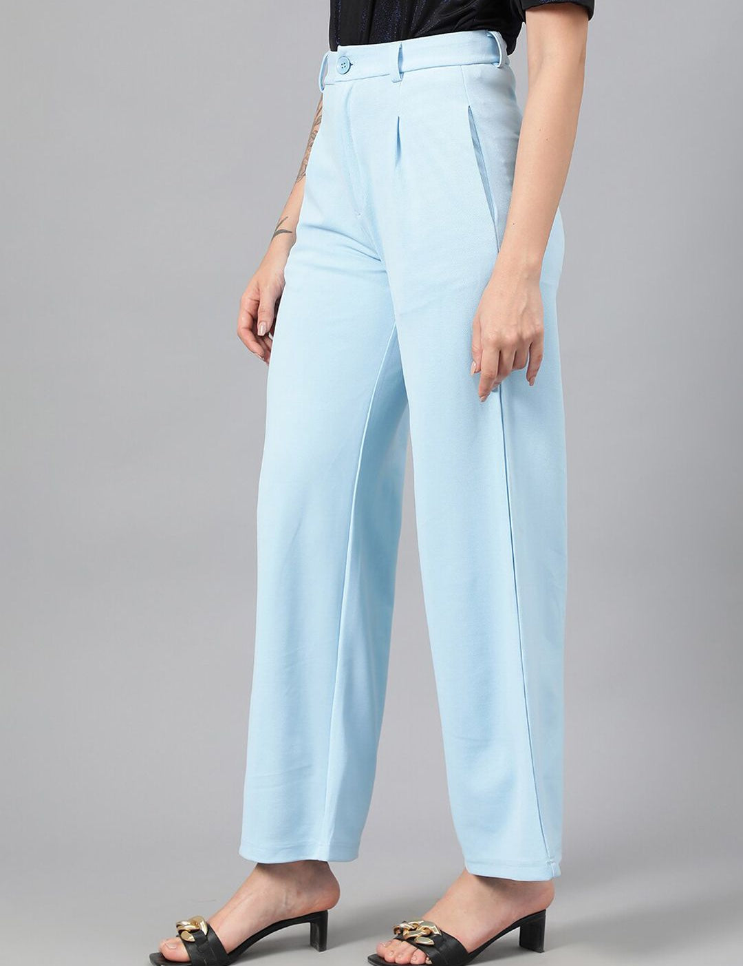 KOTTY BIZwear Women Blue Relaxed Straight Leg Fit High-Rise Easy Wash Parallel Trousers