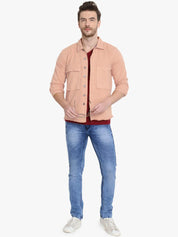 Kotty Men Peach-Coloured Solid Denim Jacket