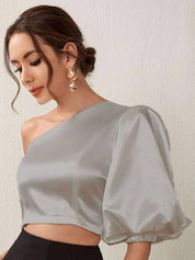 Kotty Grey One Shoulder Puff Sleeve Satin Crop Top
