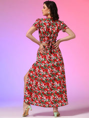 Kotty Red Floral Printed V-Neck Top With Skirt