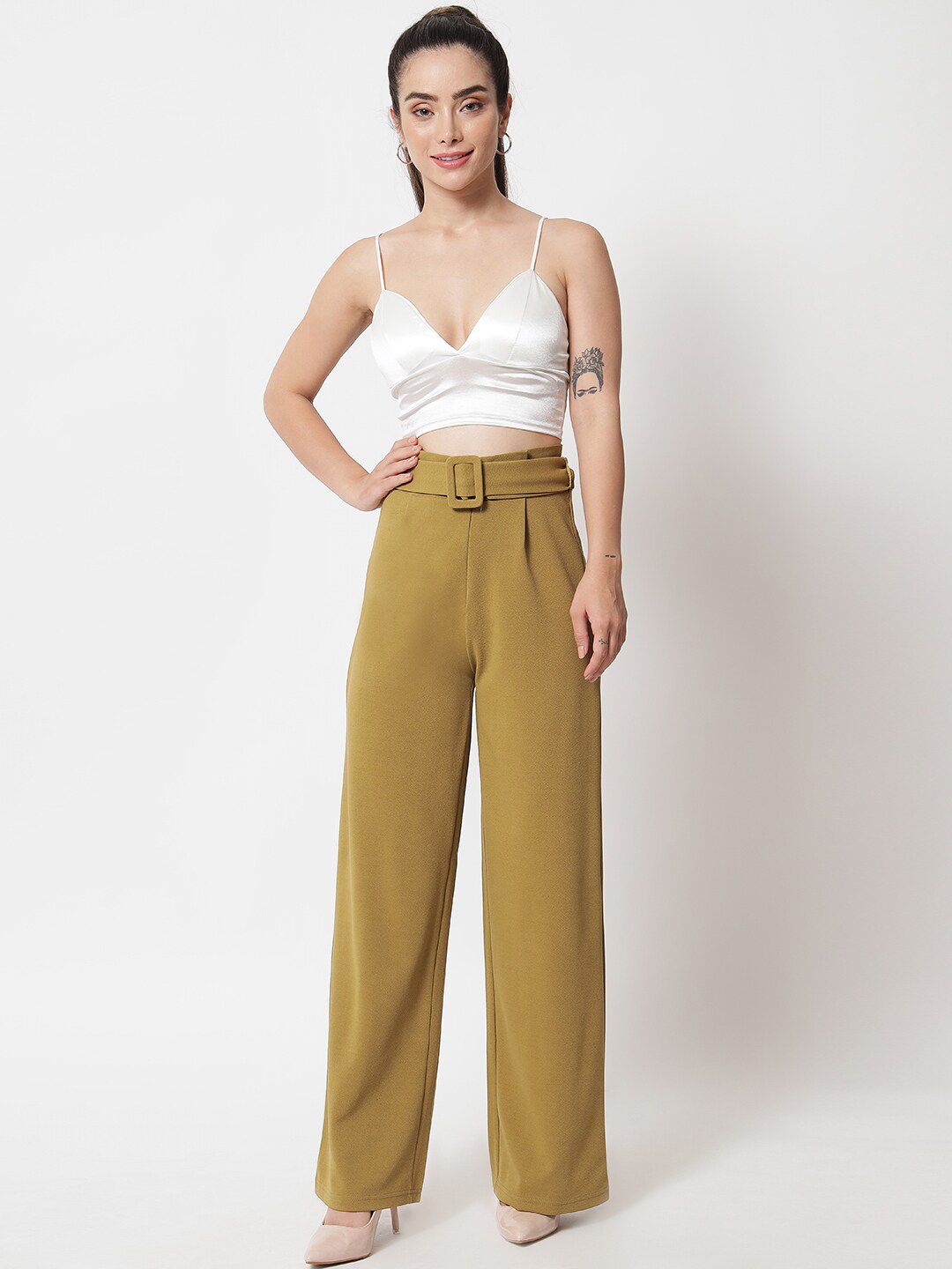 KOTTY BIZwear Women Brown Relaxed Straight Fit High-Rise Easy Wash Pleated Trousers