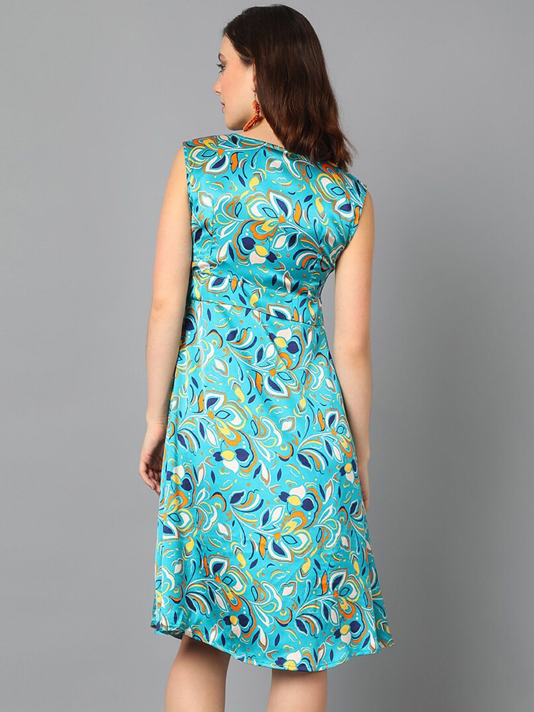 Kotty Blue & Yellow Floral Printed Satin A Line Dress