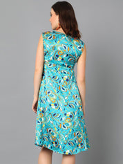 Kotty Blue & Yellow Floral Printed Satin A Line Dress