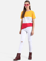 Kotty Yellow Colourblocked Round Neck Regular Fit Cotton Casual T-Shirt