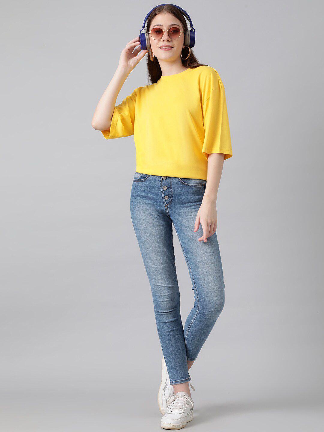 KOTTY Basics Yellow Round Neck Oversized T-shirt