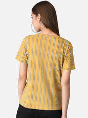 Kotty Women Yellow Striped Boat Neck T-shirt