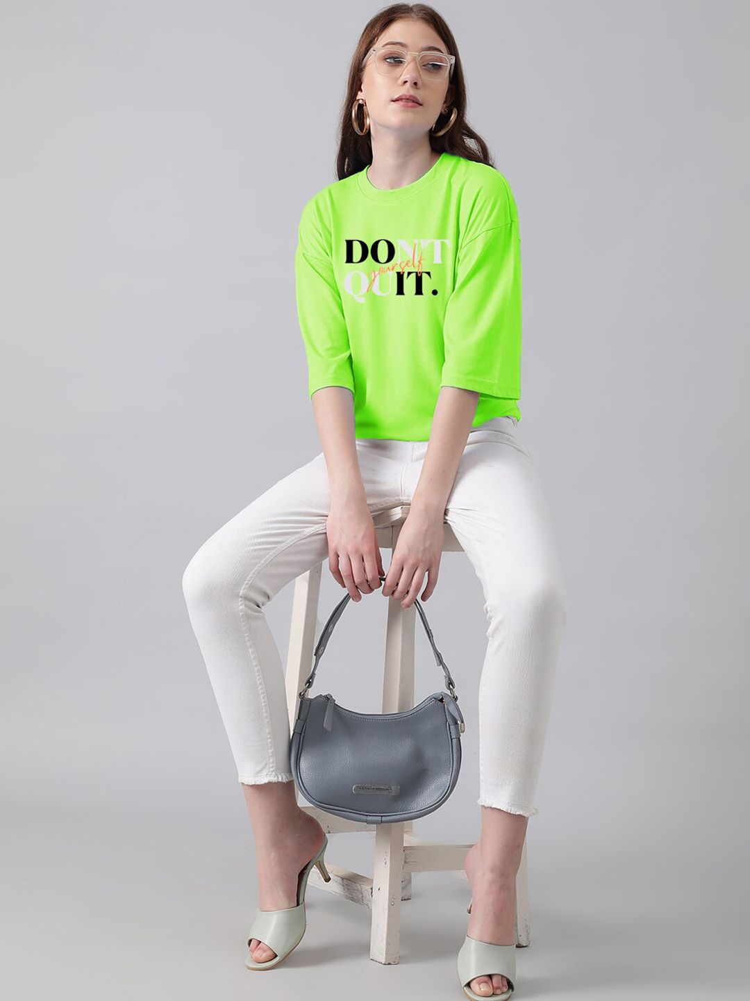 Kotty Typography Printed Drop-Shoulder Sleeves T-shirt