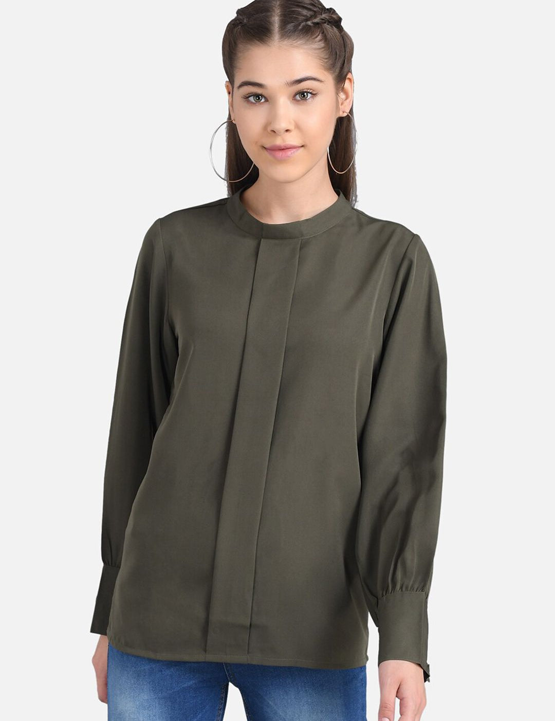 Kotty Women Olive Green Solid Shirt Style Pure Cotton Top