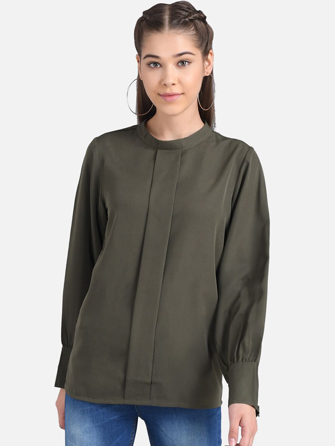 Kotty Women Olive Green Solid Shirt Style Pure Cotton Top